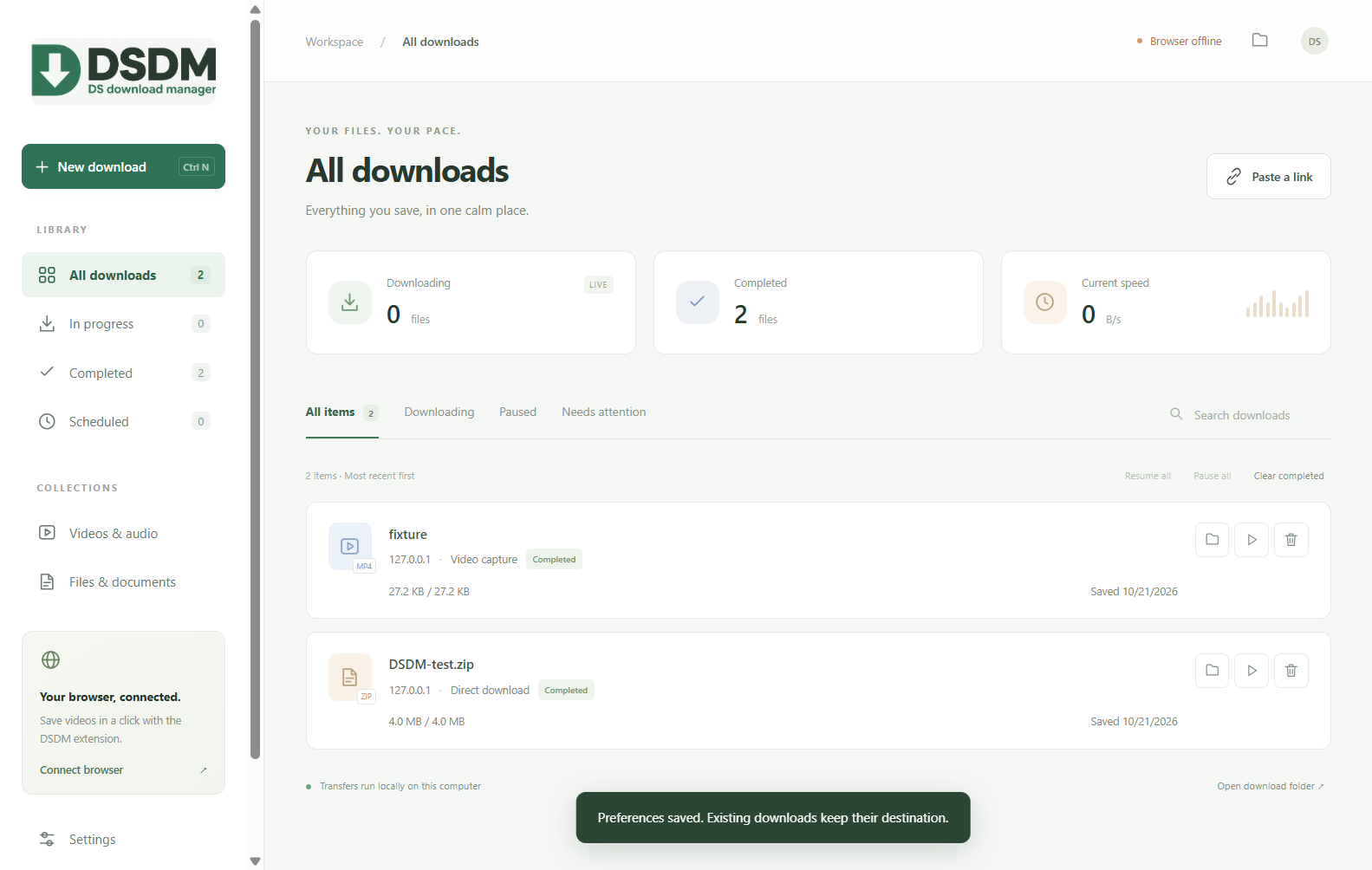 DSDM desktop app showing its download library, completed files, video downloads and sidebar controls.